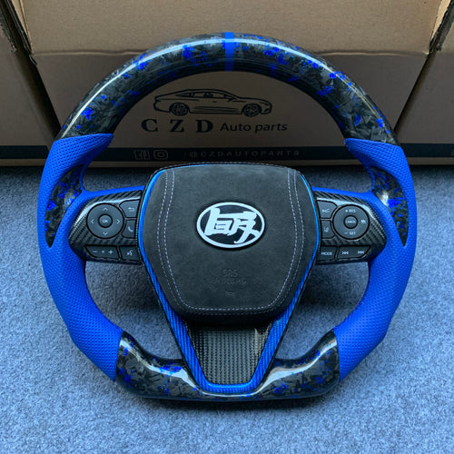 CZD autoparts for Toyota 8th gen Camry se xse le xle 2018-2022 carbon fiber steering wheel  with  blue perforated leather