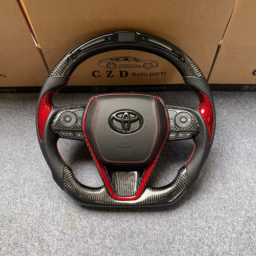 czd auto parts carbon fiber steering wheel for Toyota 8th gen Camry se xse le xle 2018-2022 with gloss red carbon fiber thumbgrips