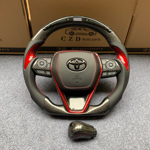 czd auto parts carbon fiber steering wheel for Toyota Avalon 2018-2022 with gloss red carbon fiber thumbgrips