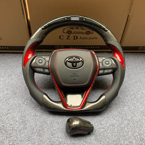 czd auto parts carbon fiber steering wheel for Toyota Avalon 2018-2022 with gloss red carbon fiber thumbgrips