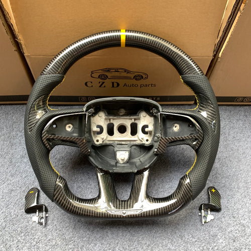 CZD Autoparts for Dodge Durango 2018-2021 carbon carbon fiber steering wheel 6mm yellow stripe line at top