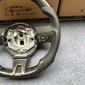 CZD auto parts carbon fiber steering wheel for camaro 2010-2011 with black perforated leather and blue stitching