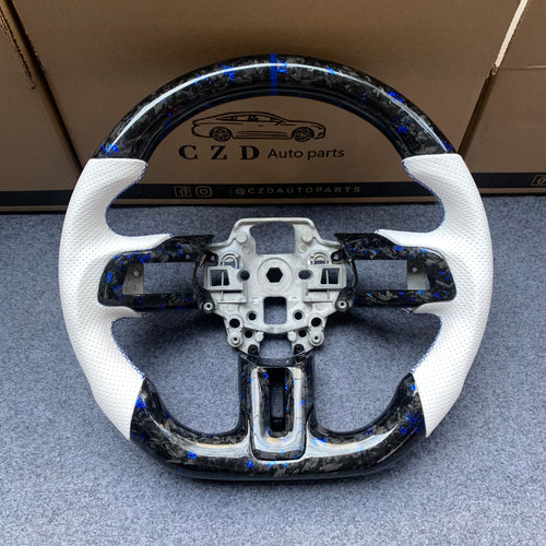 CZD Autoparts for Ford Mustang 2018-2022 carbon fiber steering wheel gloss forged carbon fiber with blue flakes top and bottom