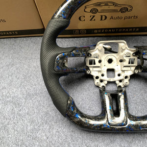 CZD Autoparts for  Ford Mustang 2018-2022 carbon fiber steering wheel gloss forged carbon fiber with blue flakes top and bottom