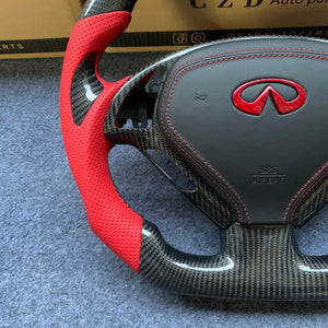 CZD auto parts for Infiniti EX35/ EX37/ G25/ G35/ G37/ G37X/ Q40/ Q60/ QX50 2007-2018 carbon fiber steering wheel with red perforated leather