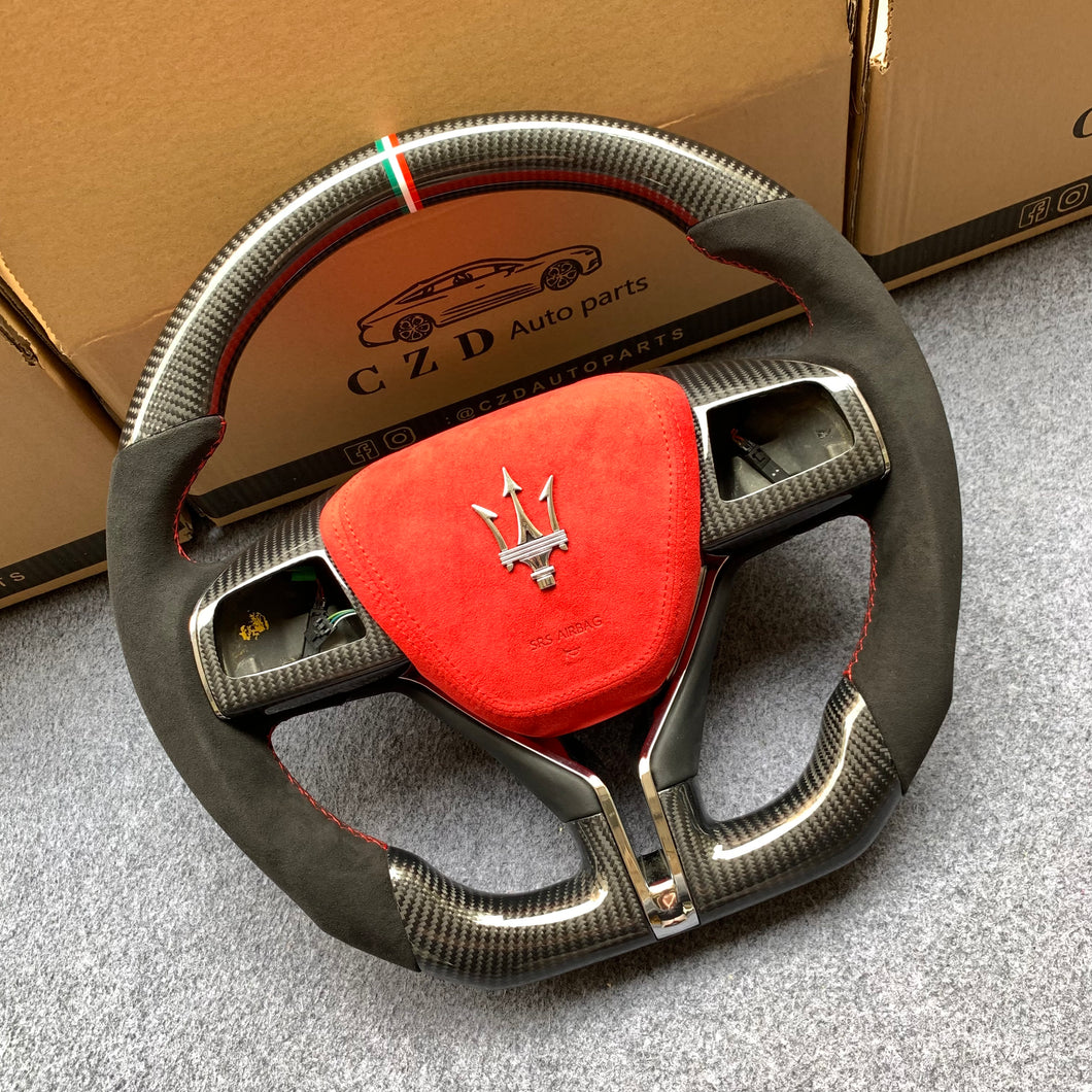 CZD auto parts carbon fiber steering wheel for Maserati Quattroporte GTS 2013-2019 with red alcantara airbag cover