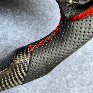 CZD Autoparts for Dodge (SRT) Challenger 2015-2021 carbon fiber steering wheel 6mm stripe line at top and black perforated leather sides
