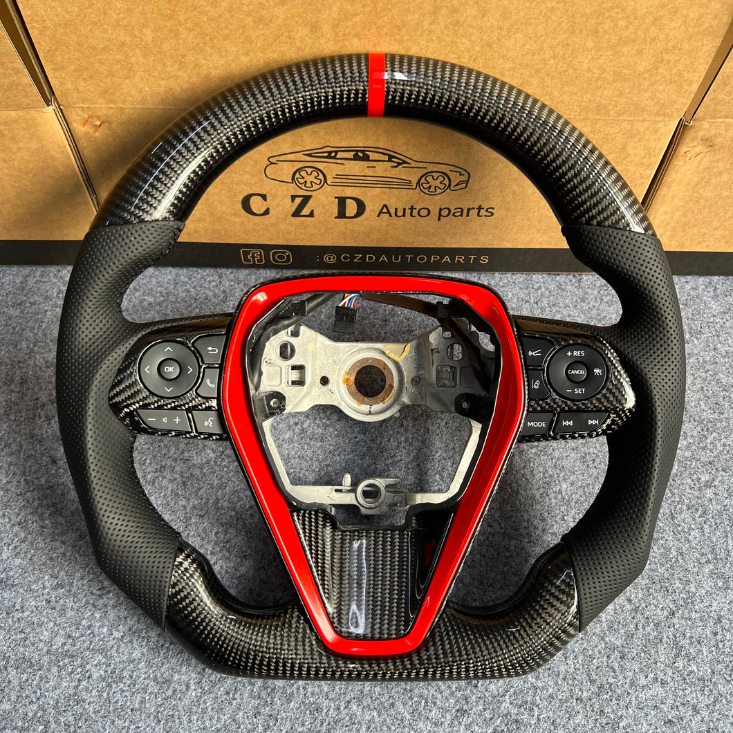 CZD autoparts for Toyota 8th gen Camry se xse le xle 2018-2022 carbon fiber steering wheel with red trim