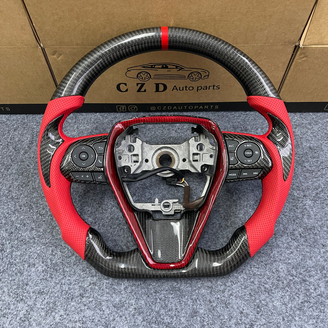 CZD autoparts for Toyota 8th gen Camry se xse le xle 2018-2022 carbon fiber steering wheel with red  perforated leather