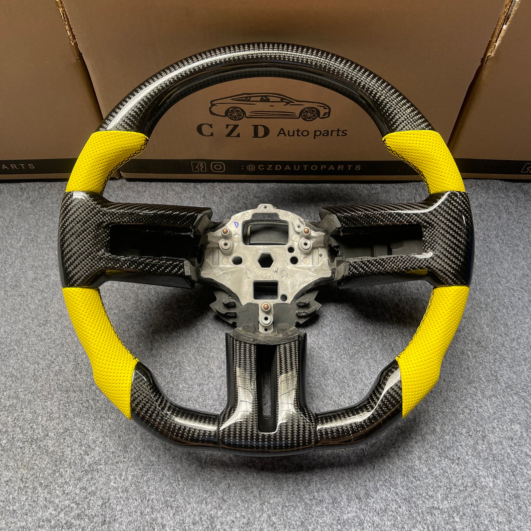 CZD auto parts carbon fiber steering wheel for Ford Mustang 2010-2014 with yellow perforated leather