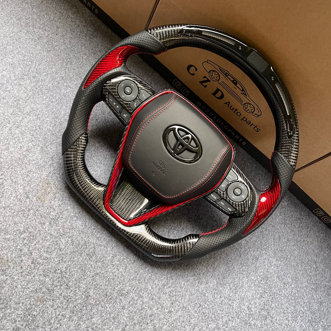 czd auto parts carbon fiber steering wheel for Toyota 8th gen Camry se xse le xle 2018-2022 with gloss red carbon fiber ring
