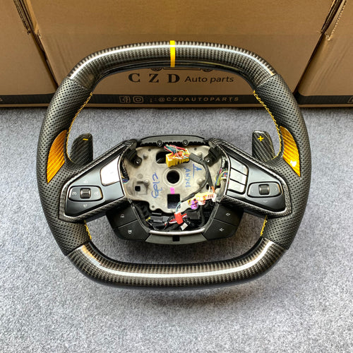 CZD auto parts carbon fiber steering wheel for Chevrolet Corvette C8 with yellow stripe