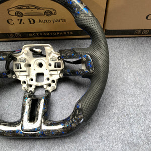 CZD Autoparts for  Ford Mustang 2018-2022 carbon fiber steering wheel gloss forged carbon fiber with blue flakes top and bottom