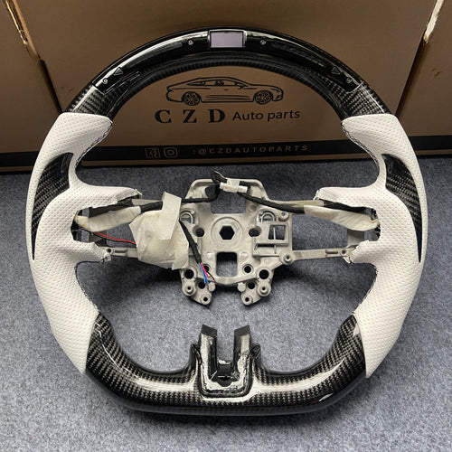 czd auto parts carbon fiber steering wheel for Ford Mustang 2018-2023 with white perforated leather