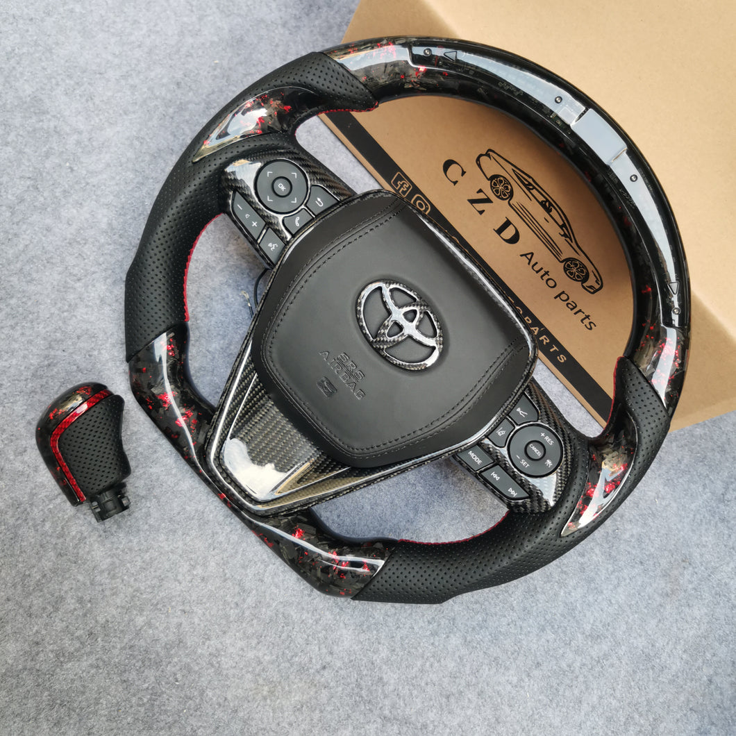 CZD Autoparts for Toyota Avalon 2018-2022 carbon fiber steering wheel gloss carbon fiber with red flakes top and bottom and black alcantara sides