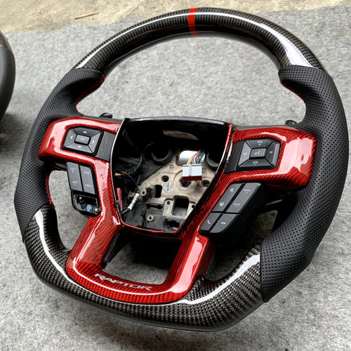 CZD Auto Parts carbon fiber steering wheel for Ford F-150 2015-2020 with red carbon fiber trim