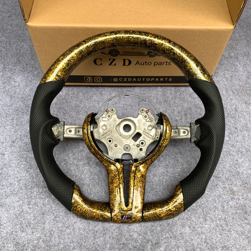 CZD Autoparts for BMW M5 F10 M6 F12 F13 carbon fiber steering wheel gloss forged carbon fiber with golden powder top and bottom