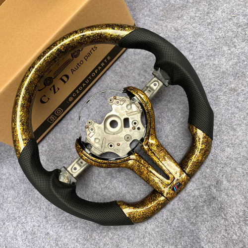 CZD Autoparts for BMW M5 F10 M6 F12 F13 carbon fiber steering wheel gloss forged carbon fiber with gloden powder trim