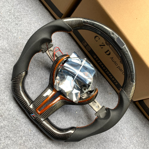 CZD Autoparts for BMW M5 F10 M6 F12 F13 carbon fiber steering wheel black perforated leather with orange stitchig