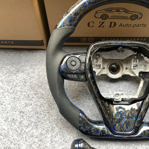 CZD Autoparts for Toyota 8th gen Camry se xse le xle 2018-2022 carbon fiber steering wheel black perforated leather sides with blue stitching