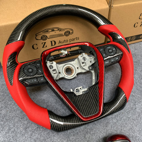 CZD Autoparts for Toyota Avalon 2019-2022 carbon fiber steering wheel red perforated leather with black stitching