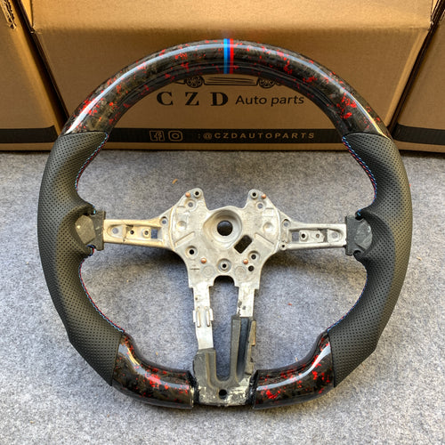 CZD Autoparts For BMW X5M X4 carbon fiber steering wheel gloss forged carbon fiber with red flakes trim