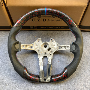 CZD Autoparts For BMW X5M X4 carbon fiber steering wheel gloss forged carbon fiber with red flakes trim