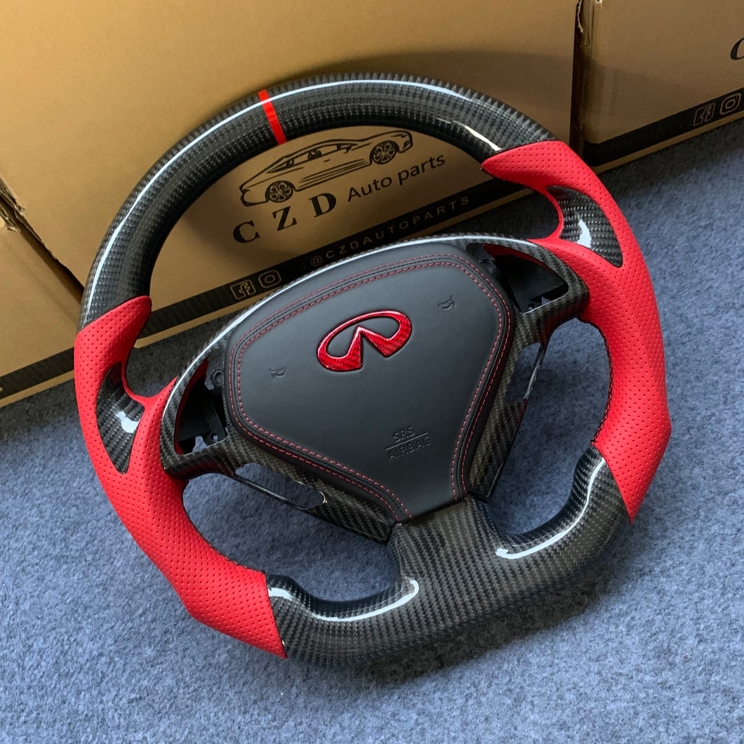 CZD auto parts for Infiniti EX35/ EX37/ G25/ G35/ G37/ G37X/ Q40/ Q60/ QX50 2007-2018 carbon fiber steering wheel with red perforated leather