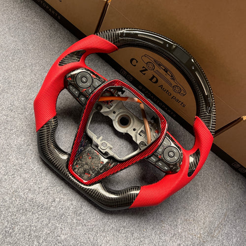 czd auto parts carbon fiber steering wheel for Toyota 8th gen Camry se xse le xle 2018-2022 with gloss red flakes forged carbon fiber trim