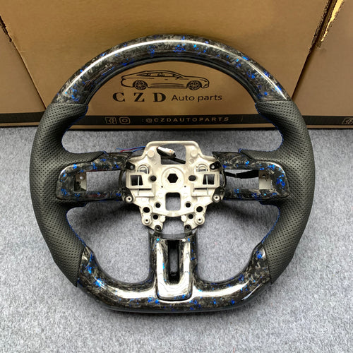 CZD Autoparts for  Ford Mustang 2018-2022 carbon fiber steering wheel gloss forged carbon fiber with blue flakes top and bottom