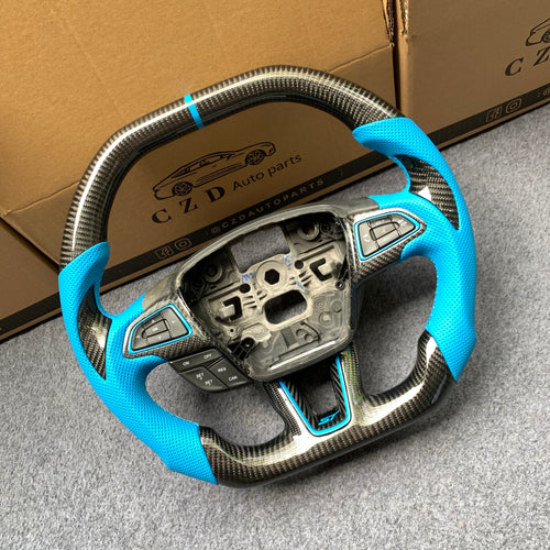 CZD Autoparts For Ford Focus RS ST 2015-2018 carbon fiber steering wheel blue perforated leather sides