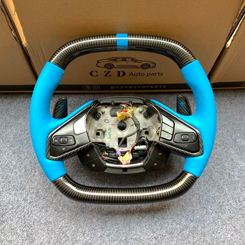 CZD autoparts for Chevrolet Corvette C8 2020+ carbon fiber steering wheel with blue smooth leather side