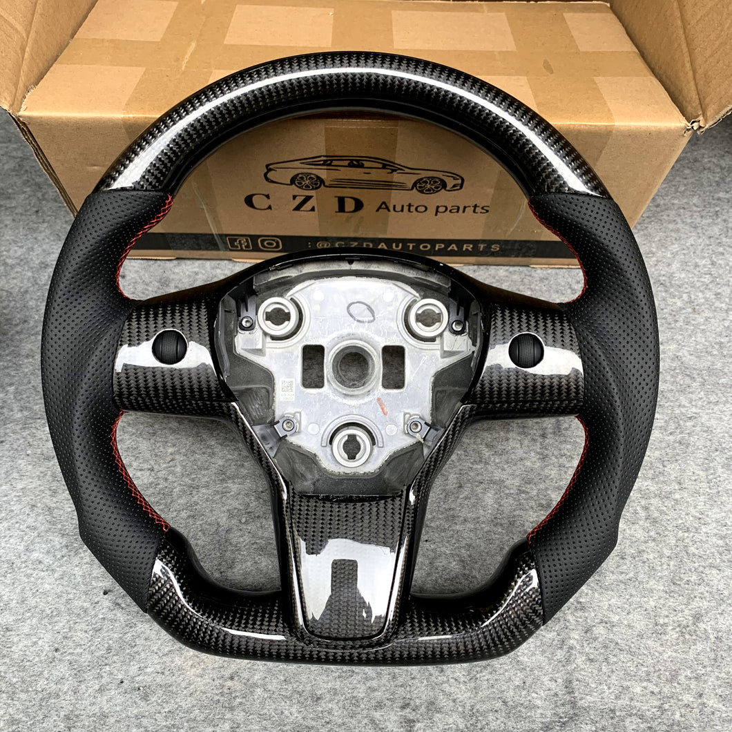 Tesla Model 3 Model Y Carbon fiber steering wheel with Perforated leather from CZD